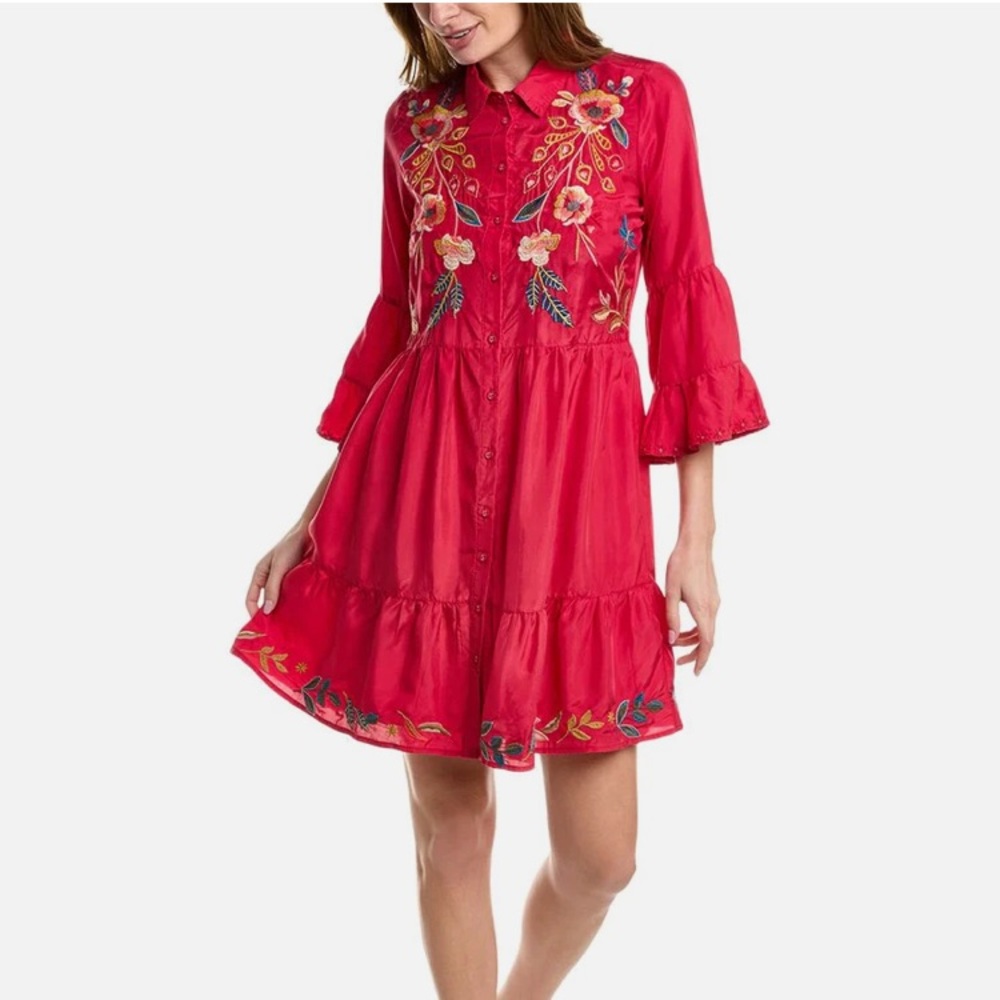 Johnny Was Workshop Dress Embroidery Shuri Easy Tiered w/ Slip
